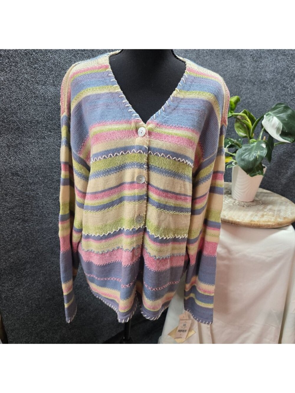 Susan Bristol XL Casuals Colorful Striped Button-Up Sweater Coastal Twee Granny